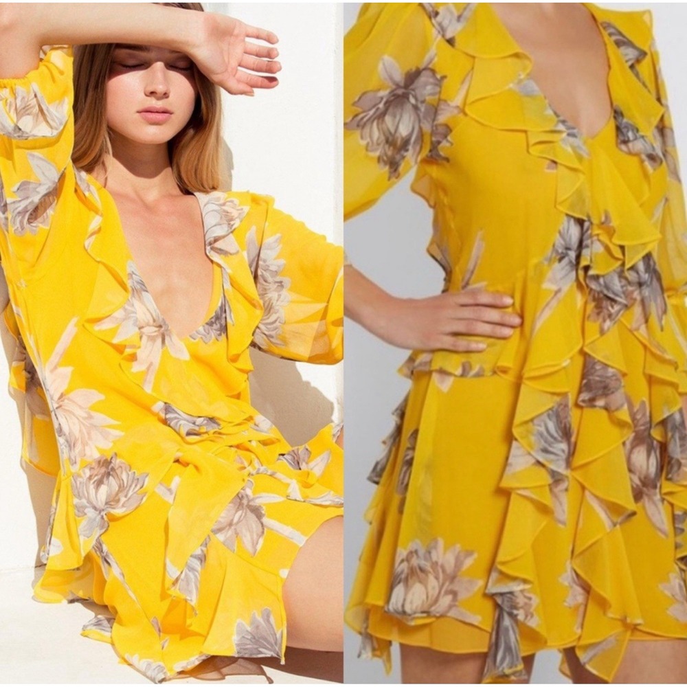 Misa Los Angeles Womens Evele Yellow Floral Printed Ruffle Mini Dress Romantic M